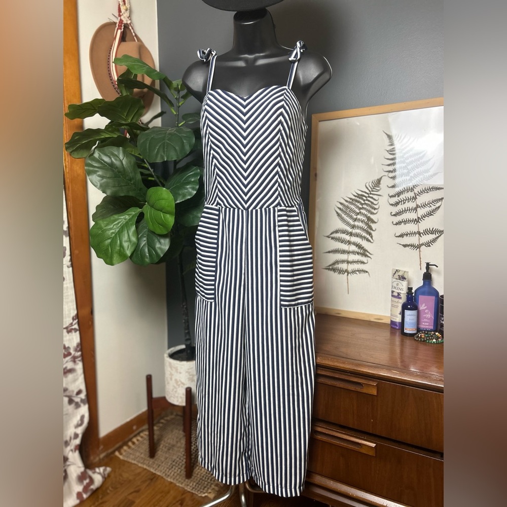 Monteau Navy Blue and White Striped Jumpsuit